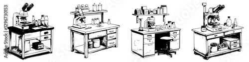 Hand drawn vector illustration showcasing laboratory workstations with microscopes and equipment