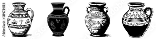 Hand draw vector illustration sketch of various ancient pottery designs showcasing unique shapes and decorative patterns