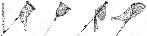 Hand drawn vector illustration of various fishing nets displayed against a white backdrop, showcasing unique designs and functionalities