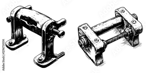 Hand-drawn vector illustration of mechanical clamps showcasing detailed craftsmanship and functional design