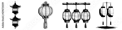 Hand-drawn vector illustration sketch of traditional lanterns showcasing unique designs and cultural significance in festive settings