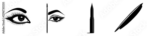 Hand drawn vector illustration of makeup tools showcasing eyes and eyeliner in a creative design