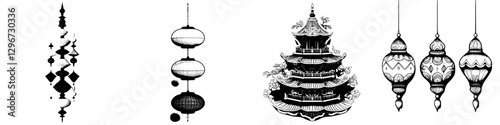 Hand drawn vector illustrations of traditional Asian lanterns and pagodas showcasing intricate designs and cultural elements at night