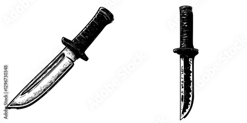 Hand-drawn vector illustration of two distinct knife designs showcasing detailed craftsmanship in a minimalist style