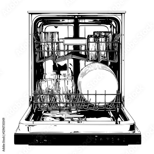 Hand drawn vector illustration of a fully loaded dishwasher with various utensils and dishes arranged for cleaning