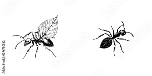 Hand drawn vector illustration of ants with and without leaves showcasing their intricate details and natural behavior