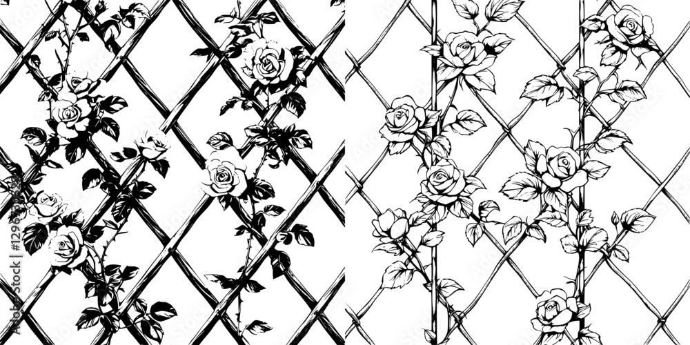 Hand drawn vector sketch of roses and trellis design featuring intricate floral patterns