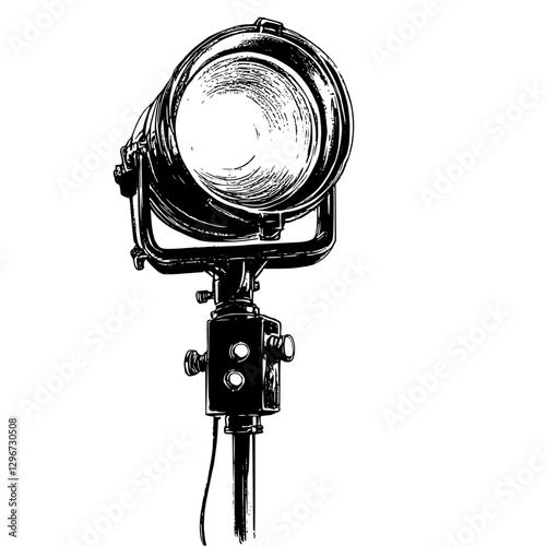 Hand-drawn vector illustration of a vintage spotlight on a stand with a classic design for theatrical or photography use