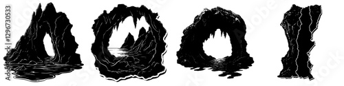 Hand-drawn vector illustrations of rocky cave formations along the shoreline with water reflections and varying depths in a natural landscape