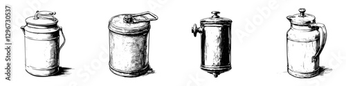 Hand-drawn vector illustration showcasing various vintage containers for beverages and food storage in a minimalist style