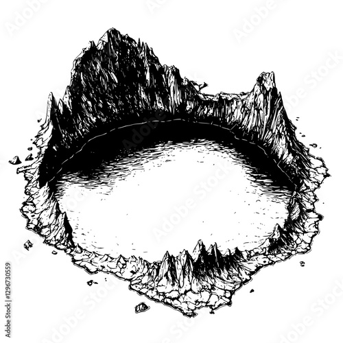 Hand-drawn vector illustration of a mountain crater showcasing rugged terrain and deep contours in a unique artistic style