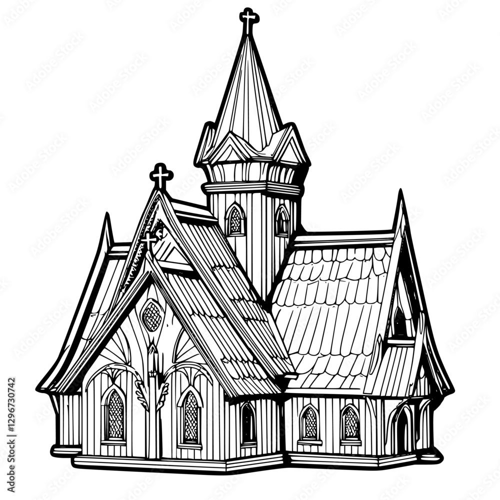 Hand drawn vector illustration of a gothic style church with detailed architecture and intricate features in a classic design Hand drawn vector illustration of a gothic style church with detailed architecture and intricate features in a classic design