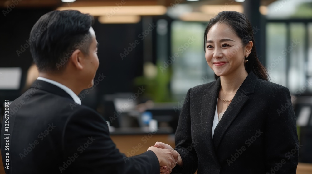 Successful business deal sealed with a handshake. Confident woman and client celebrating their partnership in the office Successful business deal sealed with a handshake. Confident woman and client celebrating their partnership in the office