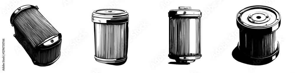 Hand drawn vector illustration of various cylindrical containers from different perspectives in detailed sketches Hand drawn vector illustration of various cylindrical containers from different perspectives in detailed sketches