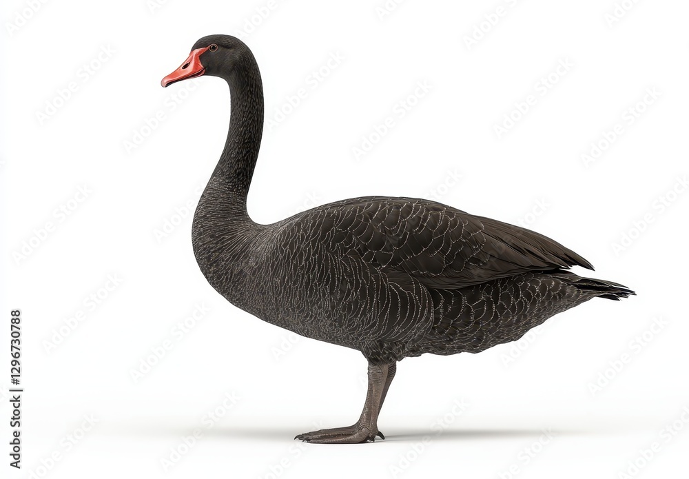 Fototapeta premium Black swan standing gracefully against a white background showcasing elegance and beauty in nature with striking features and unique coloration