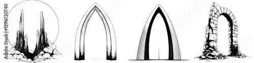 Hand-drawn vector illustration of various architectural arches and rock formations in a sketch style