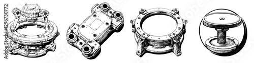 Hand drawn vector illustration of mechanical components showcasing intricate designs and features