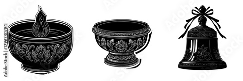 Detailed hand drawn vector illustration of a decorative bowl, flame, and bell in traditional style