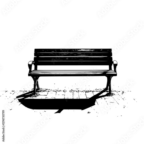 Hand drawn vector sketch of a solitary bench on a pavement with cast shadow in a minimalistic style