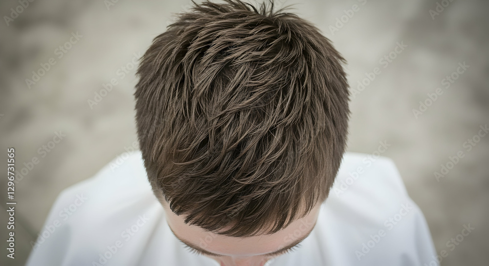 Looking Down at Man Showing Short Haircut and White Shirt Looking Down at Man Showing Short Haircut and White Shirt
