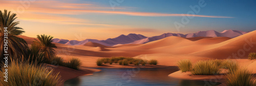 Serene Desert Oasis at Sunset Featuring Lush Greenery and Tranquil Water