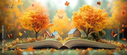 Autumn open book with trees, houses, butterflies, and falling leaves, evoking the magic of stories and the wonder of reading for book lovers