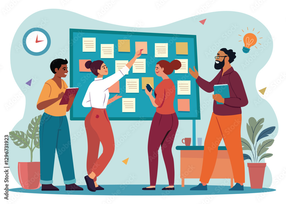 Obraz premium Business Workshop Scene – Vector Cartoon Illustration of a Diverse Team Brainstorming Ideas with Sticky Notes on a Board