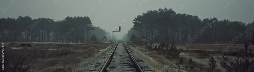 Fototapeta premium A misty railway track stretches into the distance, framed by trees, creating a somber and atmospheric landscape.