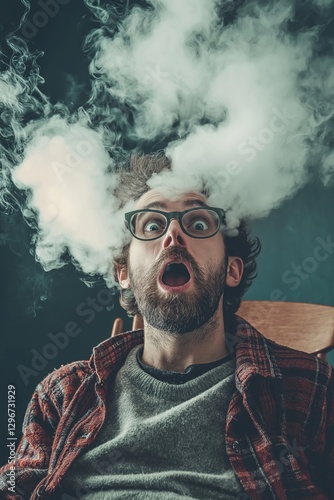 A man astonished as humorous smoke escapes from his head.