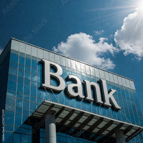 An Image of Tall bank Building against a blue sky on a sunny day.