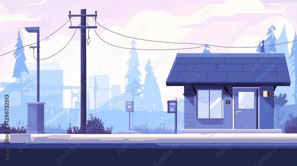 Obraz premium Suburban bus stop, waiting, city skyline, morning mist, game asset
