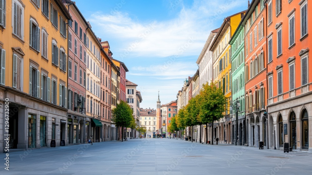 Fototapeta premium Colorful European Street with Historic Buildings and Clear Blue Sky in City Center