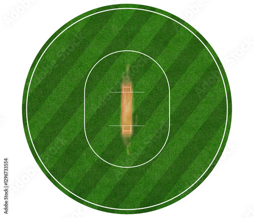 Green Cricket Field from Top View. Cricket Pitch, Boundary, Grass Pattern, Detailed Grass Texture with Mowing Pattern photo