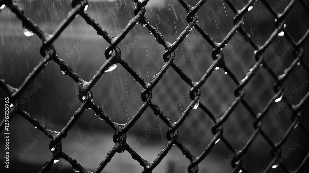 A close-up of a chain link fence with raindrops clinging to the wires, creating a moody effect A close-up of a chain link fence with raindrops clinging to the wires, creating a moody effect