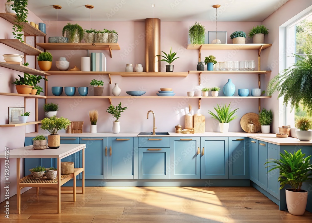 Fototapeta premium Pastel Pink & Blue Kitchen Interior: Open Shelving, Plants & Gold Accents - Panoramic Stock Photo