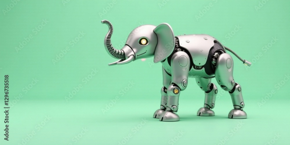 A Futuristic Mechanical Elephant Robot Model Posing Against a Mint Green Background A Futuristic Mechanical Elephant Robot Model Posing Against a Mint Green Background