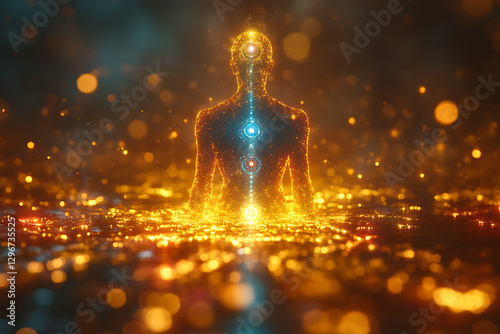 A detailed diagram illustrating the internal network of chakras, vital energy nodes, and energy pathways within the human body

