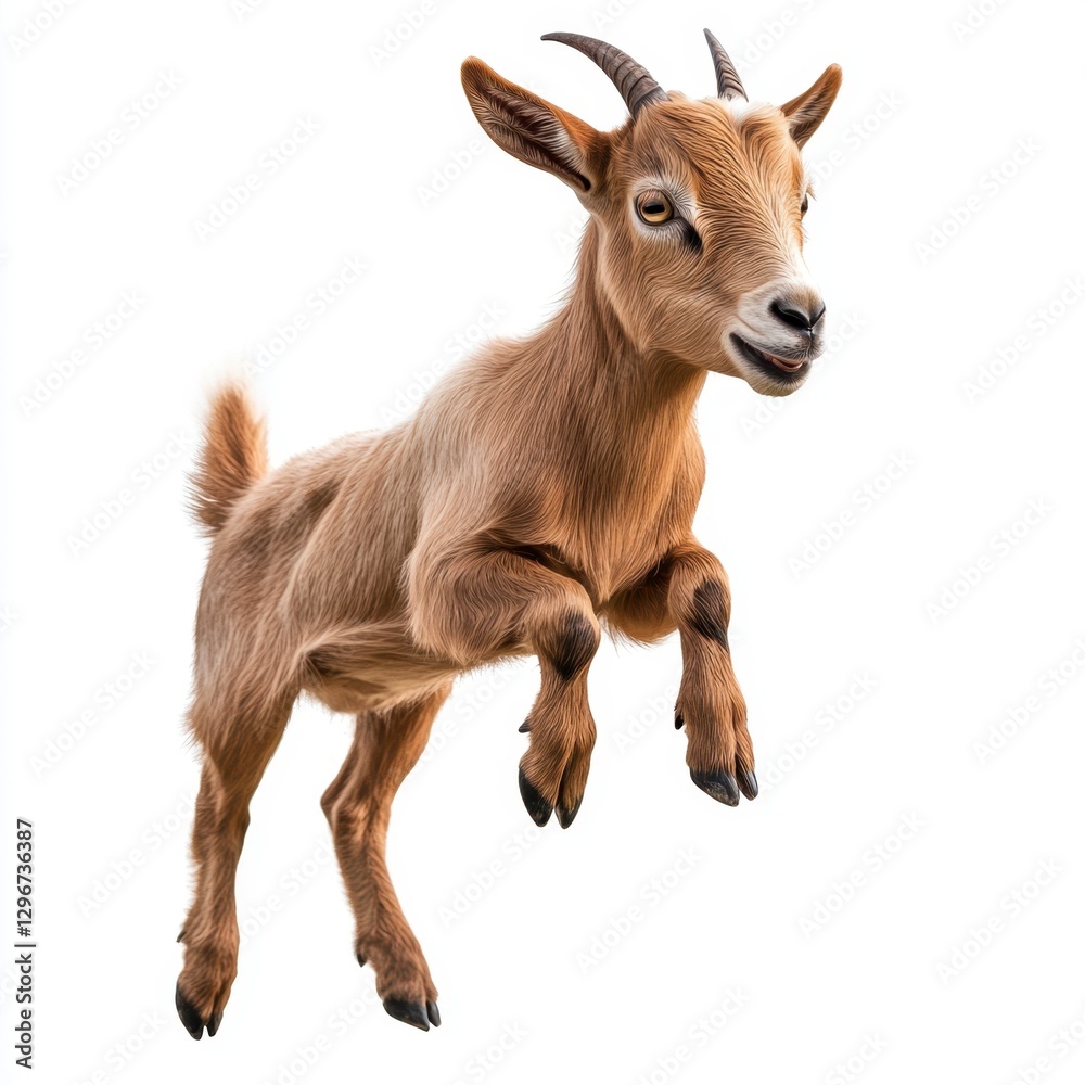 Fototapeta premium Playful Young Goat Leaps with Joy in a Bright Environment