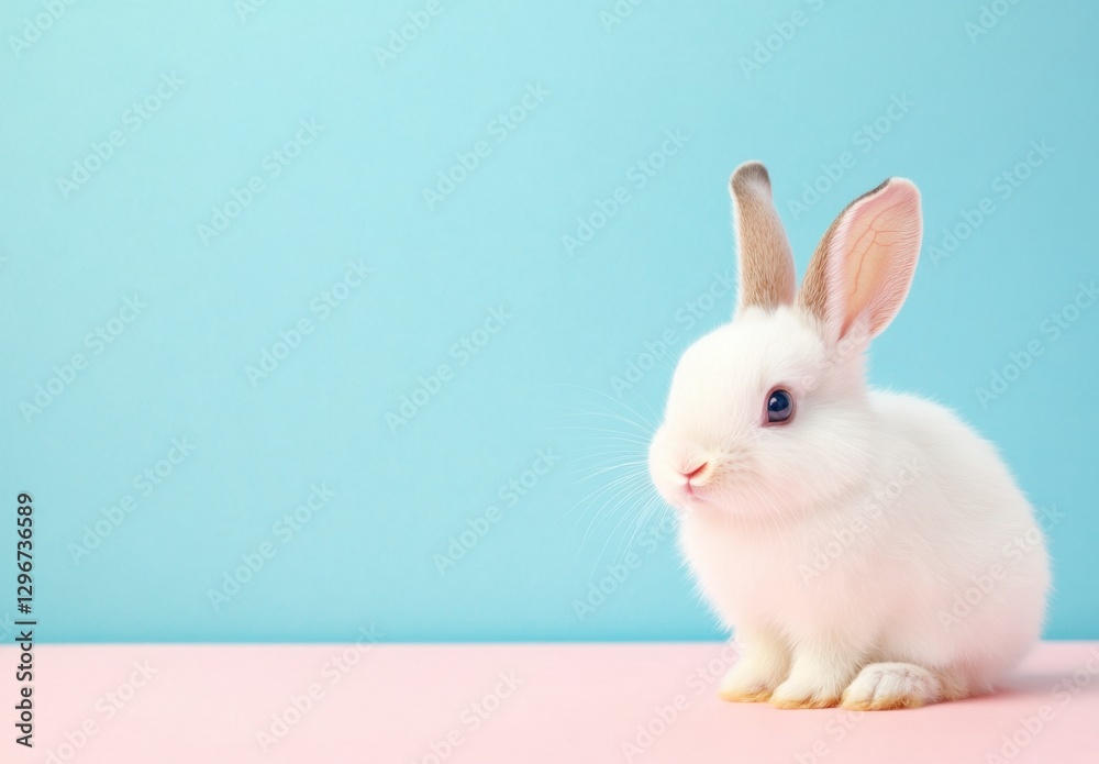 Fototapeta premium Cute White Rabbit Sitting on a Pink Surface Against a Blue Background