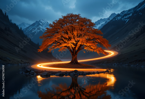A surreal glowing tree with floating golden leaves on a circular platform, desktop wallpaper, pc wallpaper 4k