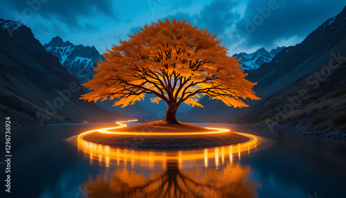 A surreal glowing tree with floating golden leaves on a circular platform, desktop wallpaper, pc wallpaper 4k