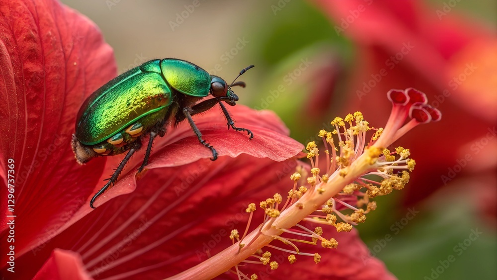 Naklejka premium Emerald Beetle on Red Flower: A vibrant, iridescent green beetle rests elegantly upon a delicate red flower.