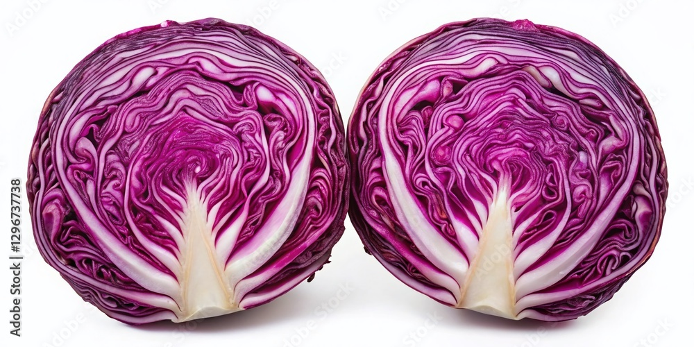 Obraz premium Perfectly Symmetrical Red Cabbage Halves, Isolated Aerial View, Food Photography