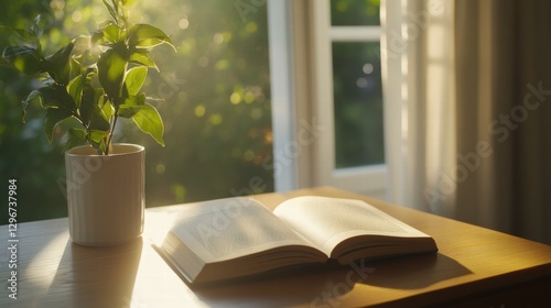 A close-up of a book, natural lighting, sun flare from window