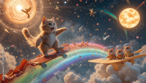 A cute fantasy Cat sitting on a tree branch under a glowing full moon, surrounded by magical autumn leaves and a dreamy night sky in a fairytale setting
