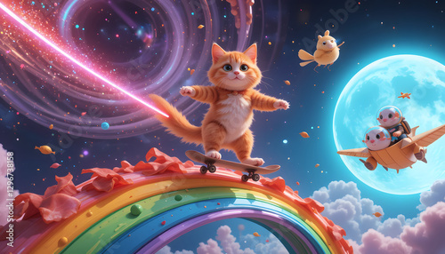A cute fantasy Cat sitting on a tree branch under a glowing full moon, surrounded by magical autumn leaves and a dreamy night sky in a fairytale setting