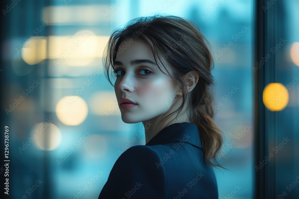 Obraz premium A young woman with dark hair looks over her shoulder, a city blurred in the background.