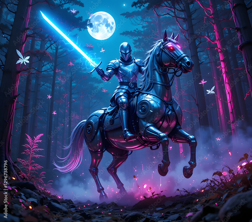 Fototapeta premium A futuristic sci-fi world with glowing neon blue energy, featuring armored knight