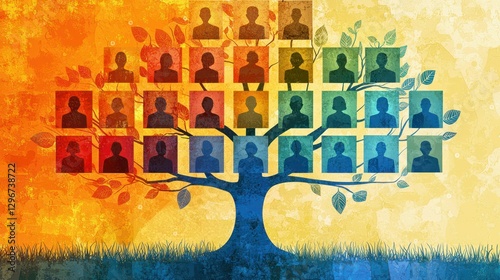 A digital family tree chart with a clean, modern design and vibrant colors.