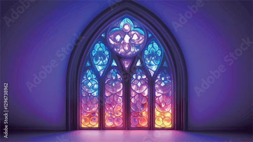 A digitally rendered image depicting a gothic style arch window featuring stained glass. The glass displays a gradient of vibrant colors, including purple, blue, pink, orange, and yellow. The